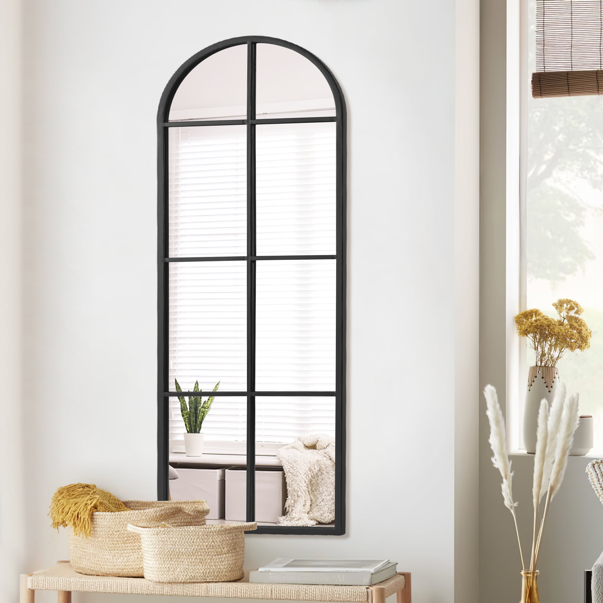 70"x23" Home Decorative Arched Iron Frame Window Mirror Wall Mounted Makeup Mirror,Black