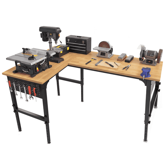Northsky 70"x47" L-Shaped Heavy Duty Work Bench, 3300 LBS Load Capacity Heights Adjustable Workbench for Garage with Power Outlet & Pegboard, Rubber Wood Work Table for Office, Workshop, Home