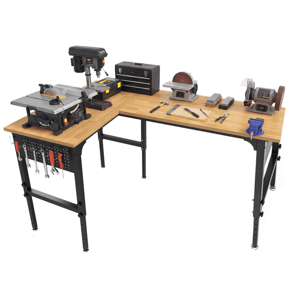 70"x47" L-Shaped Heavy Duty Work Bench, 3300 LBS Load Capacity Heights Adjustable Workbench, Work Benches for Garage with Power Outlet & Pegboard, Rubber Wood Work Table for Office, Workshop, Home