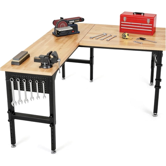 70"x47" L-Shaped Heavy Duty Work Bench, 3300 LBS Load Capacity Heights Adjustable Workbench, Work Benches for Garage with Power Outlet & Pegboard, Rubber Wood Work Table for Office, Workshop, Home