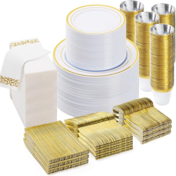 700 PCS Gold Dinnerware Set for 100 Guests, Plastic Dinnerware Set for Party, Christmas, Halloween, Include: 200 Plastic Plates, 100 Gold Silv