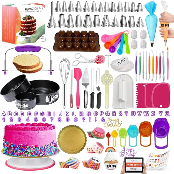 700 PCs Cake Decorating Kit with Baking Supplies Cake Decoration Set including Springform Pans, Cake Turntable, Numbered Piping Tips, Icing Spatulas, Fondant tools & much more (700Pcs)