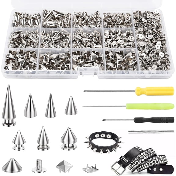 700 Pcs Punk Spikes and Studs Kit, Secure Screw-Back Leather Rivets for Crafts, Mixed 8 Size Cone Spikes and Square Pyrami Studs DIY Decoration for Biker Jackets, Shoes & Dog Collars