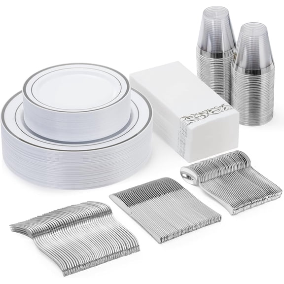 700 Piece Gold Dinnerware Set for 100 Guests, Disposable Party Set Includes: 100 Gold Rim Dinner Plates, 100 Dessert Plates, 100 Paper Napkins, 100 Cups, 100 Plastic Silverware Sets