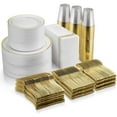 thumbnail image 1 of 700 Piece Gold Dinnerware Set - 200 Gold Rim Plastic Plates - 100 Gold Plastic Silverware - 100 Gold Plastic Cups - 100 Linen Like Gold Paper Napkins, 100 Guest Disposable Gold Dinnerware Set, 1 of 6