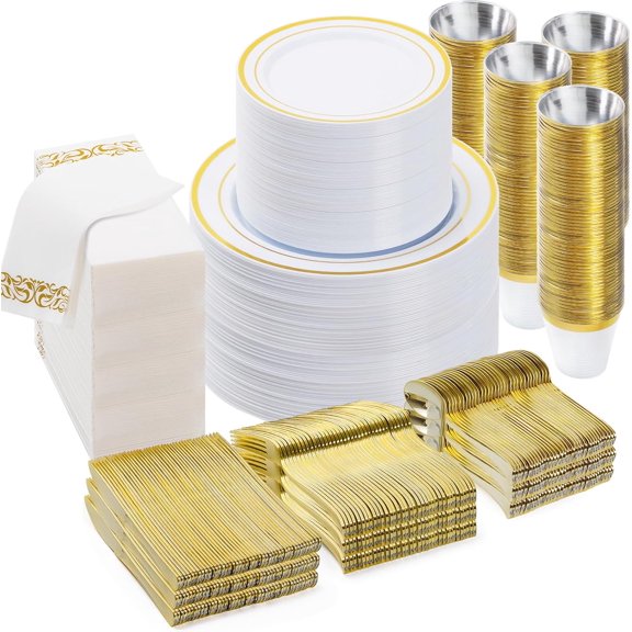 700 Piece Gold Disposable Dinnerware Set for 100 Guests Includes Plates Cups Silverware and Napkins Bestseling