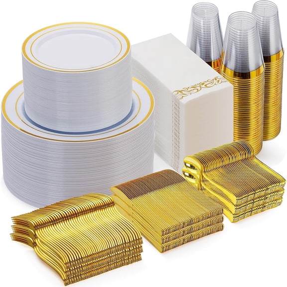 700-Piece Gold Disposable Dinnerware Set for 100 Guests Including Plates Cups Napkins and Silverware Bestseling