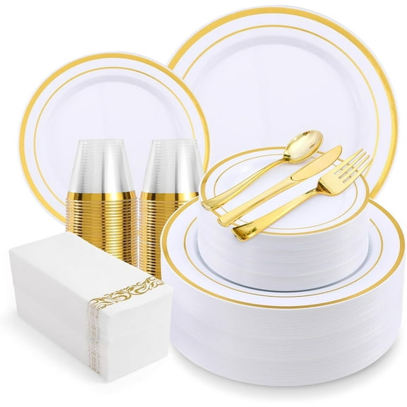 700-Piece Gold Rim Plastic Dinnerware Set for 100 Guests, Elegant Disposable Dinnerware for Party, Wedding. Includes Dinner Plates, Dessert Plates, Gold Silverware, Napkins, Cups