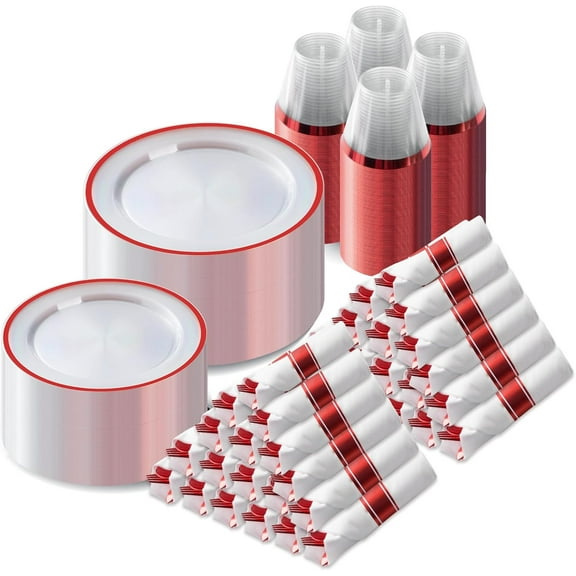 700 Piece Red Plastic Dinnerware Set for Party, Clear Disposable Plates for 100 Guests, Include: 100 Dinner Plates, 100 Dessert Plates, 100 Pre Rolled Napkins with Cutlery Set, 100 Cups