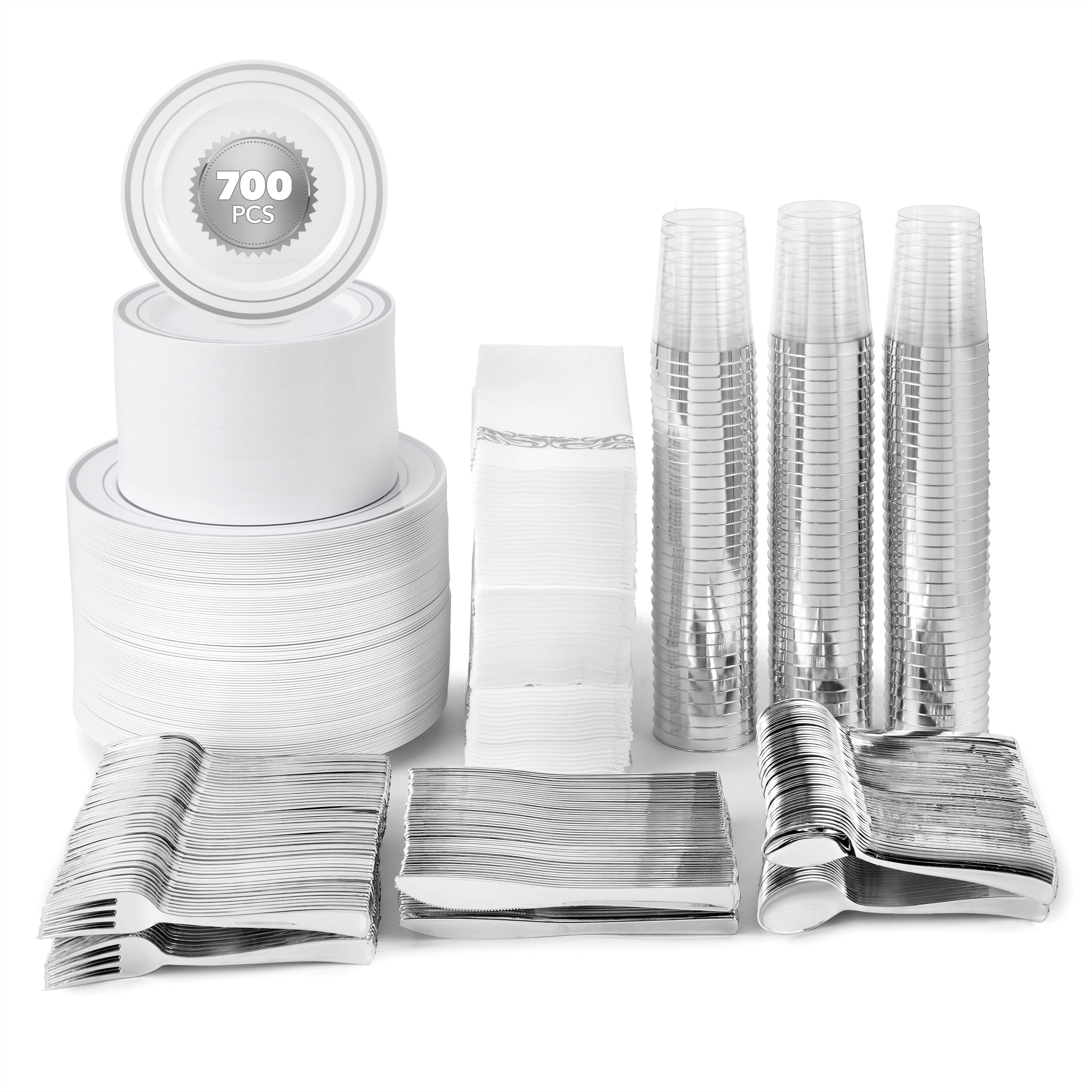 700 Piece Silver Dinnerware Set: 200 Silver-Rim Plastic Plates, 100 Silver Plastic Silverware, 100 Silver Plastic Cups, 100 Cloth-Like Silver Napkins, Bulk Wedding Plates Disposable Set 100 Guests