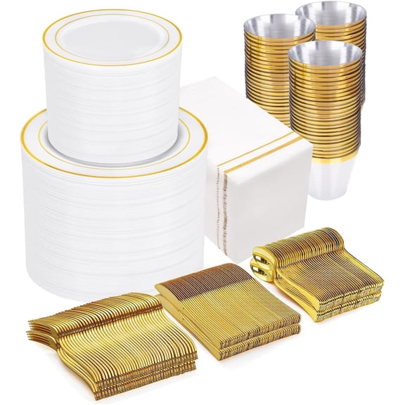 700-Piece White and Gold Disposable Dinnerware Set for 100 Guests