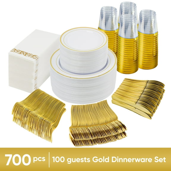 700 Pieces Gold Disposable Plates for 100 Guests, Plastic Plates for Party, Dinnerware Set of 100 Dinner and 100 Dessert Plates, 100 Spoons, 100 Forks, 100 Knives, 100 Cups, paper