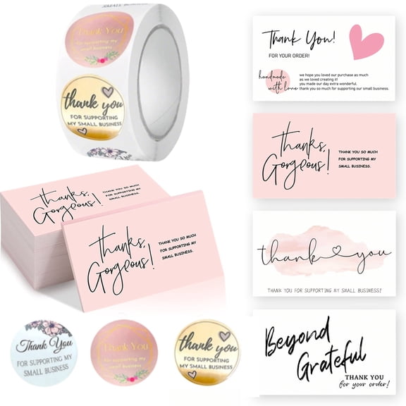 700 Pieces Thank You for Supporting My Small Business Cards & Stickers Set - Pink Gold Foil for Retail Store Packaging Envelope Seals