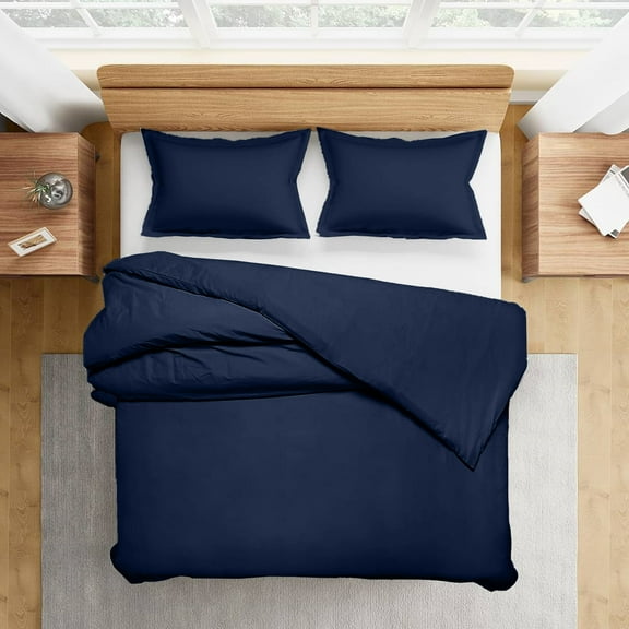 700 Thread-Count 100% Egyptian Cotton 3 Piece Duvet Cover and Pillow Shams, Premium Hotel Comforter Quilt Cover Sateen Weave with Zipper Closure, Corner-Ties - Twin, Navy Blue