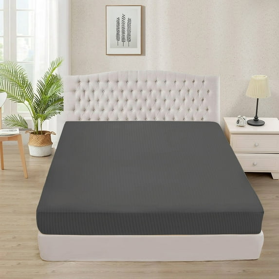700 Thread Count 100% Egyptian Cotton 3-Piece Fitted Sheet ( 1 Fitted Sheet + 2 Pillow Covers) 15 Inches Deep Pocket Size Full Color Grey Stripe