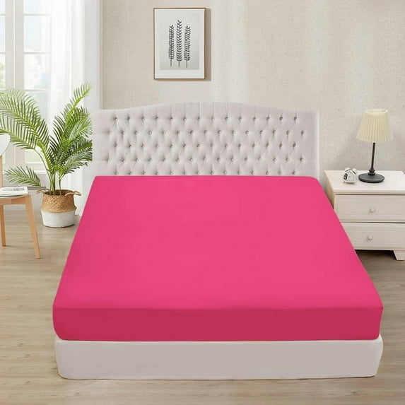700 Thread Count 100% Egyptian Cotton 3-Piece Fitted Sheet ( 1 Fitted Sheet + 2 Pillow Covers) 18 Inches Deep Pocket Size Twin Color Hot Pink Solid