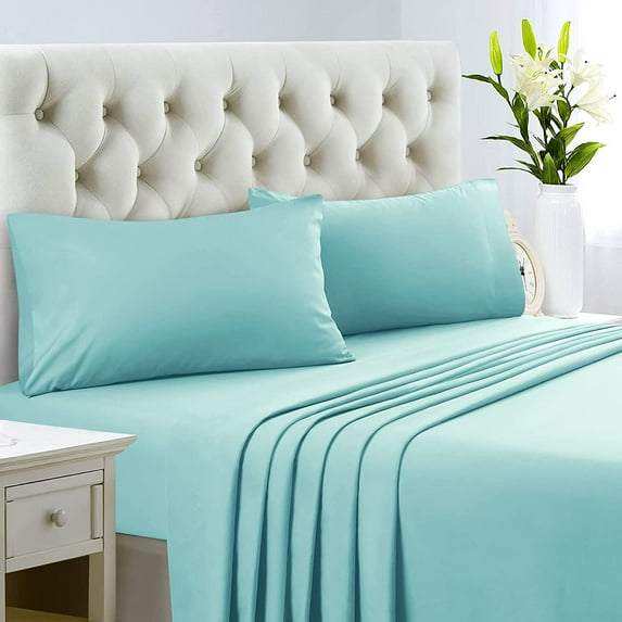 700 Thread Count 100% Egyptian Cotton 4-Piece Bed Sheet Set (1 Flat, 1 Fitted Sheet, 2 Pillow Covers) 10 Inches Deep Pocket Size Full XL Color Aqua Blue Solid