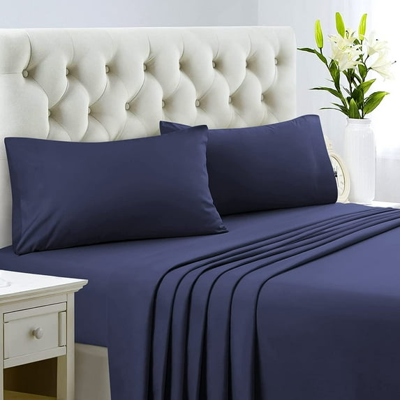 700 Thread Count 100% Egyptian Cotton 4-Piece Bed Sheet Set (1 Flat, 1 Fitted Sheet, 2 Pillow Covers) 12 Inches Deep Pocket Size California-King Color Navy Blue Solid