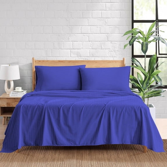 700 Thread Count 100% Egyptian Cotton 4-Piece Bed Sheet Set (1 Flat, 1 Fitted Sheet, 2 Pillow Covers) 21 Inches Deep Pocket Size Queen Color Royal Blue Stripe