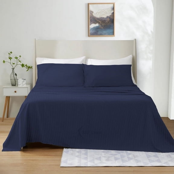 700 Thread Count 4 Piece Quality Sheet Set 21 Inch Deep Pocket 100% Egyptian Cotton Color Navy Blue Stripe Size Queen