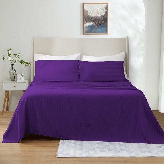 700 Thread Count 4 Piece Quality Sheet Set 27 Inch Deep Pocket 100% Egyptian Cotton Color Purple Stripe Size California King