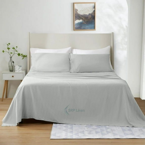 700 Thread Count 4 Piece Quality Sheet Set 27 Inch Deep Pocket 100% Egyptian Cotton Color Silver Grey Stripe Size Full