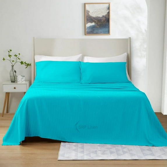 700 Thread Count 4 Piece Quality Sheet Set 27 Inch Deep Pocket 100% Egyptian Cotton Color Turquise Blue Stripe Size Queen