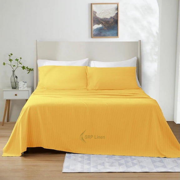 700 Thread Count 4 Piece Quality Sheet Set 30 Inch Deep Pocket 100% Egyptian Cotton Color Gold Stripe Size Full