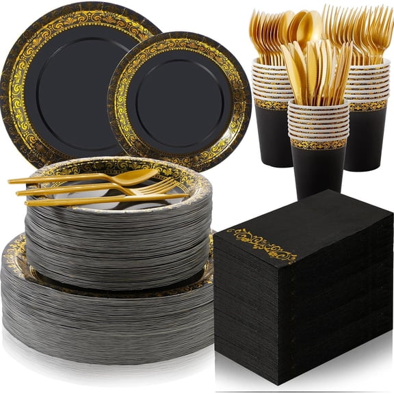 700 count Disposable Dinnerware Set for 100 Guests Include 200 Paper Plates, 300 Plastic Silverware, 100 Paper Cups, 100 Napkins for Wedding Birthday Party Supplies(Black )