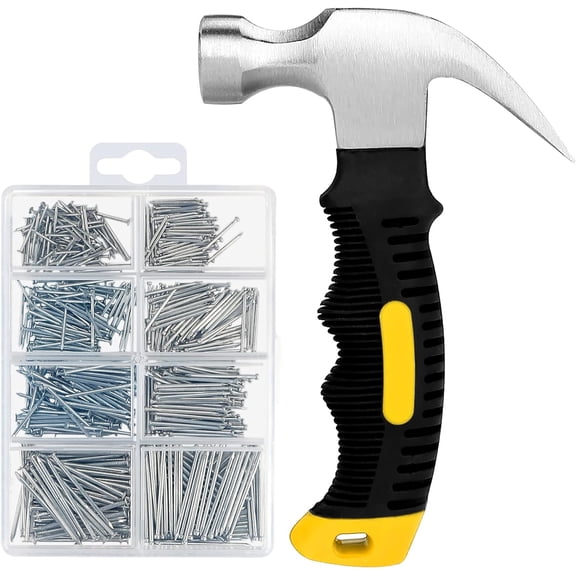 700 nail combination set & 8 ounce hammer, small hammer for wall art decoration, frames, 350 roofing/wall nails & 350 trim nails