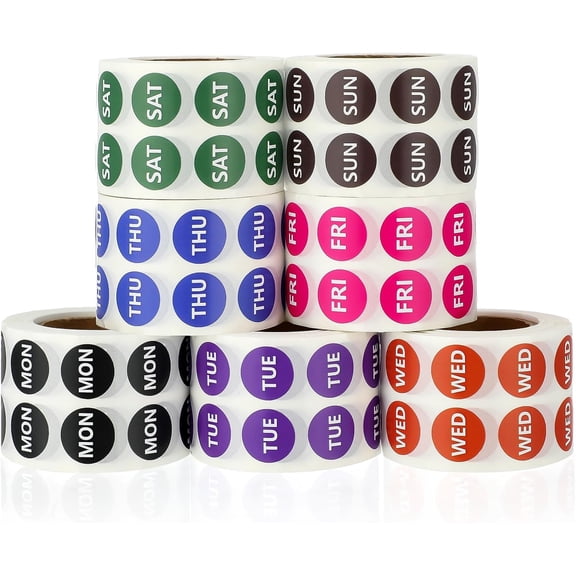 7000 PCS Small 7-Day of The Week Double Row Adhesive Stickers Bulk - 0.5 Inch Color Coded Dots Round Food Rotation Labels for Food Containers, Pill Organizer, Planner, 1000 Labels/Roll