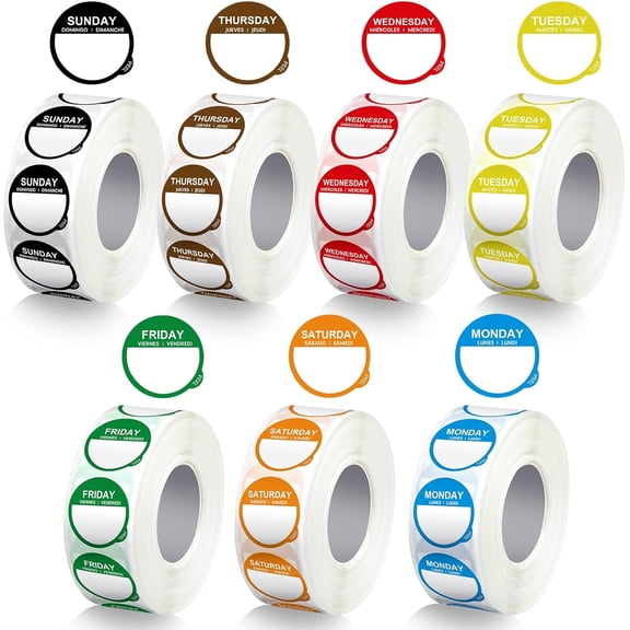 7000 Pcs Day of Week Inventory Sticker, Removable Weekly Date Dot Sticker for Office and Warehouse Management (Round)