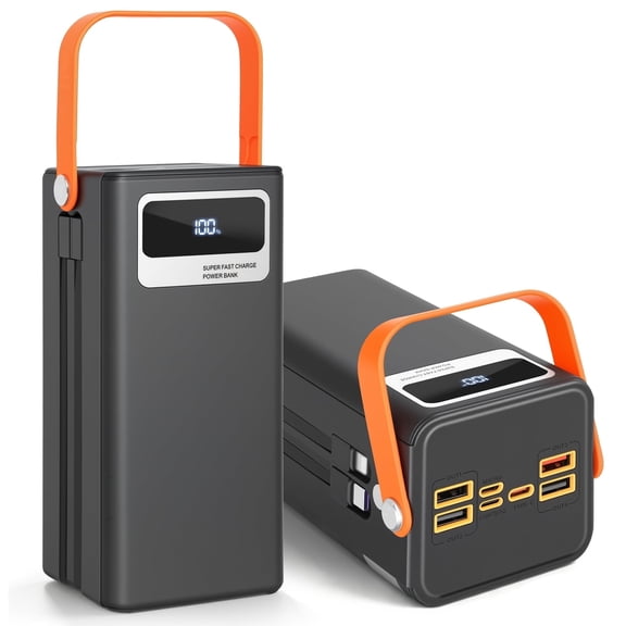 70000mAh Solar Power Bank, 22.5W Fast Charging Power Bank with Dual Built-in Cables, Solar Phone Charger & Solar Battery Charger, 7-Output 3-Input LCD SOS Light for Outdoor Camping (Black)