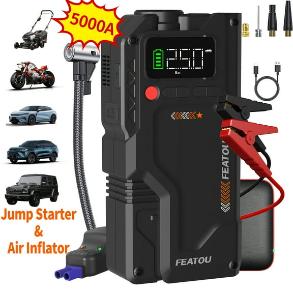 7000A/5000A Portable Car Jump Starter with 150PSI Digital Air Compressor - 12V Emergency Starter for 10.0L Gas/9.0L Diesel, USB Fast Charge & LED Emergency Light - Vehicle Roadside Assistance Tool