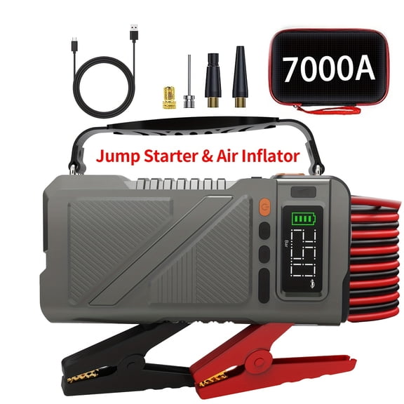 7000A/5000A Portable Car Jump Starter with 150PSI Digital Air Compressor - 12V Emergency Starter for 10.0L Gas/9.0L Diesel, USB Fast Charge, LED Emergency Light - Vehicle Roadside Assistance Tool