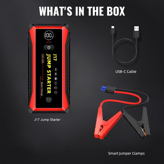 7000A Portable Car Jump Starter with Air Compressor, LED Light, Tire Inflator, Power Bank & Jumper Cables