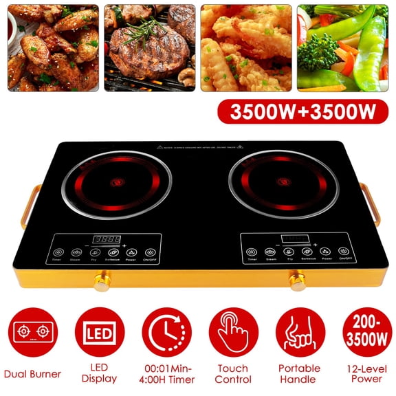 7000W Double Burner Electric Cooktop 110V 2x3500W Rapid Heating Hot Plate 4 Preset Modes 11 Level Power Control Portable Easy Clean Glass Surface