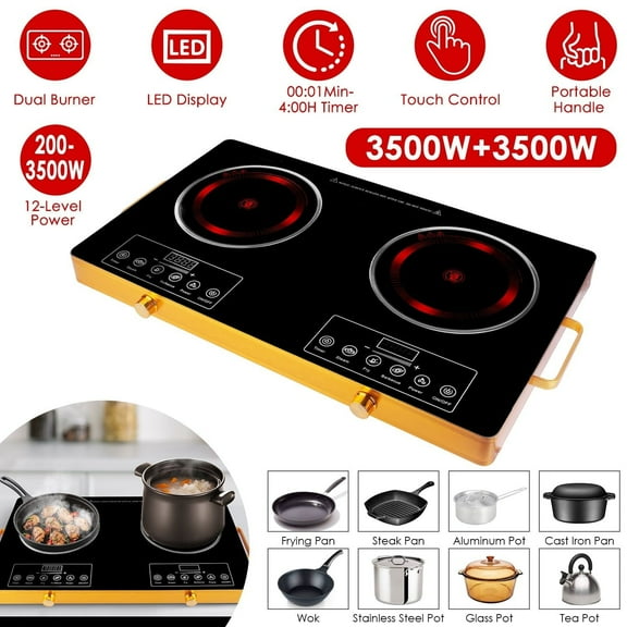 7000W Dual Electric Burner, 4 Preset Modes & Timer, Glass Surface for Camper/Office