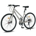 thumbnail image 1 of 700C Hybrid Bikes 7 Speeds Steel Frame Road Bike Adult City Bicycle with Dual Disc Brakes for Men Women, Champagne, 1 of 7
