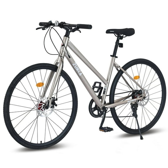 700C Hybrid Bikes 7 Speeds Steel Frame Road Bike Adult City Bicycle with Dual Disc Brakes for Men Women, Champagne