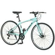 700C Hybrid Bikes 7 Speeds Steel Frame Road Bike Adult City Bicycle with Dual Disc Brakes for Men Women, Light Blue