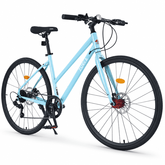700C Hybrid Road Bike for Men and Women, 7-Speed City Bicycle with Carbon Steel Frame and Dual Disc Brakes, Light Blue Adult Commuter Bike Fits 5'4" to 6'2"