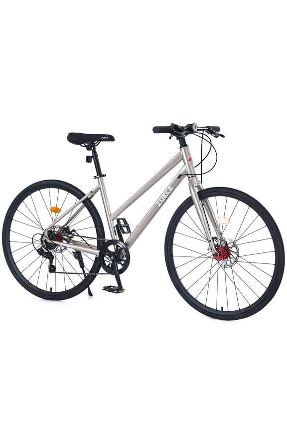 700C Hybrid Road Bike Shimano 7-Speed Adult Bike Steel Frame City Bicycle for Men Women, Champagne