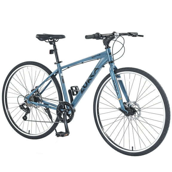 700C Road Bike, Shimano 7 Speed Hybrid Bike with Aluminum Alloy Frame and Double Disc Brakes, City Bicycle for Men Women, 85% Pre-assembled, Blue Gray