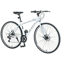 700C Road Bike, Shimano 7 Speed Hybrid Bike with Aluminum Alloy Frame and Double Disc Brakes, City Bicycle for Men Women, 85% Pre-assembled, White