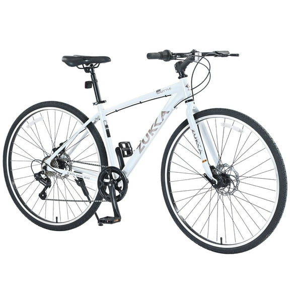 700C Road Bike, Shimano 7 Speed Hybrid Bike with Aluminum Alloy Frame and Double Disc Brakes, City Bicycle for Men Women, 85% Pre-assembled, White