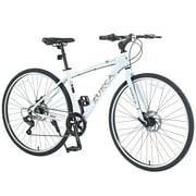 700C Road Bike, Shimano 7 Speed Hybrid Bike with Aluminum Alloy Frame and Double Disc Brakes, City Bicycle for Men Women, 85% Pre-assembled, White