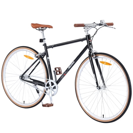 700C Road Bike, Single Speed City Bicycle with Steel Frame and Double Caliper Brakes, Retro Style Hybrid Bike for Men Women, Black