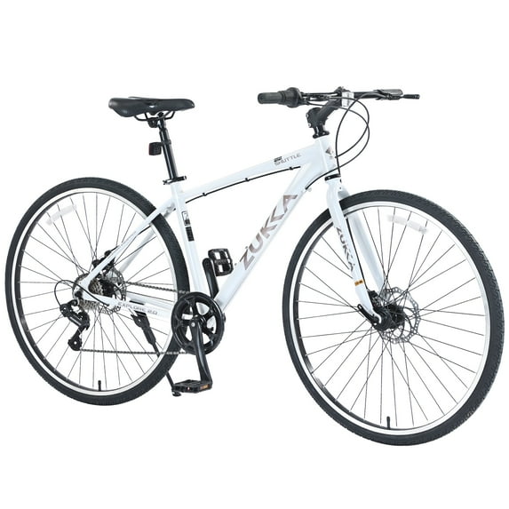 700C Road Bike with Disc Brakes, 7 Speed Hybrid Bike, Bicycle for Adult Women Men, City Bike Suit for Rider 5'3"-5'8", White