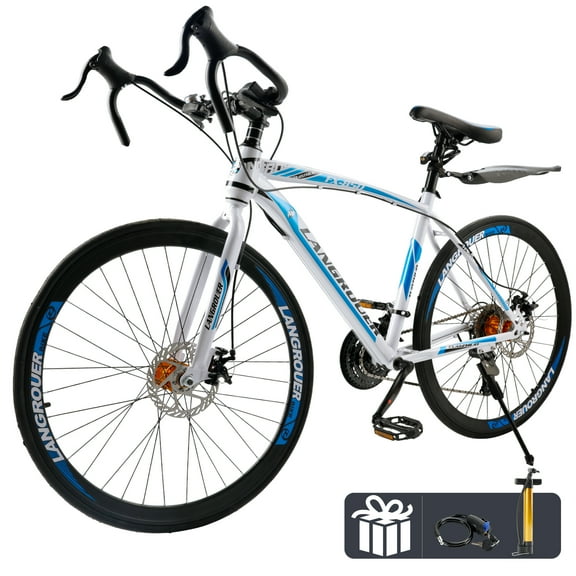 700C Wheel Commuter Bicycle, 27 Speed Road Bike with Dual Disc Brakes for Men and Women, Adult Faster Racing Bike (Blue, Red, Blue, White)